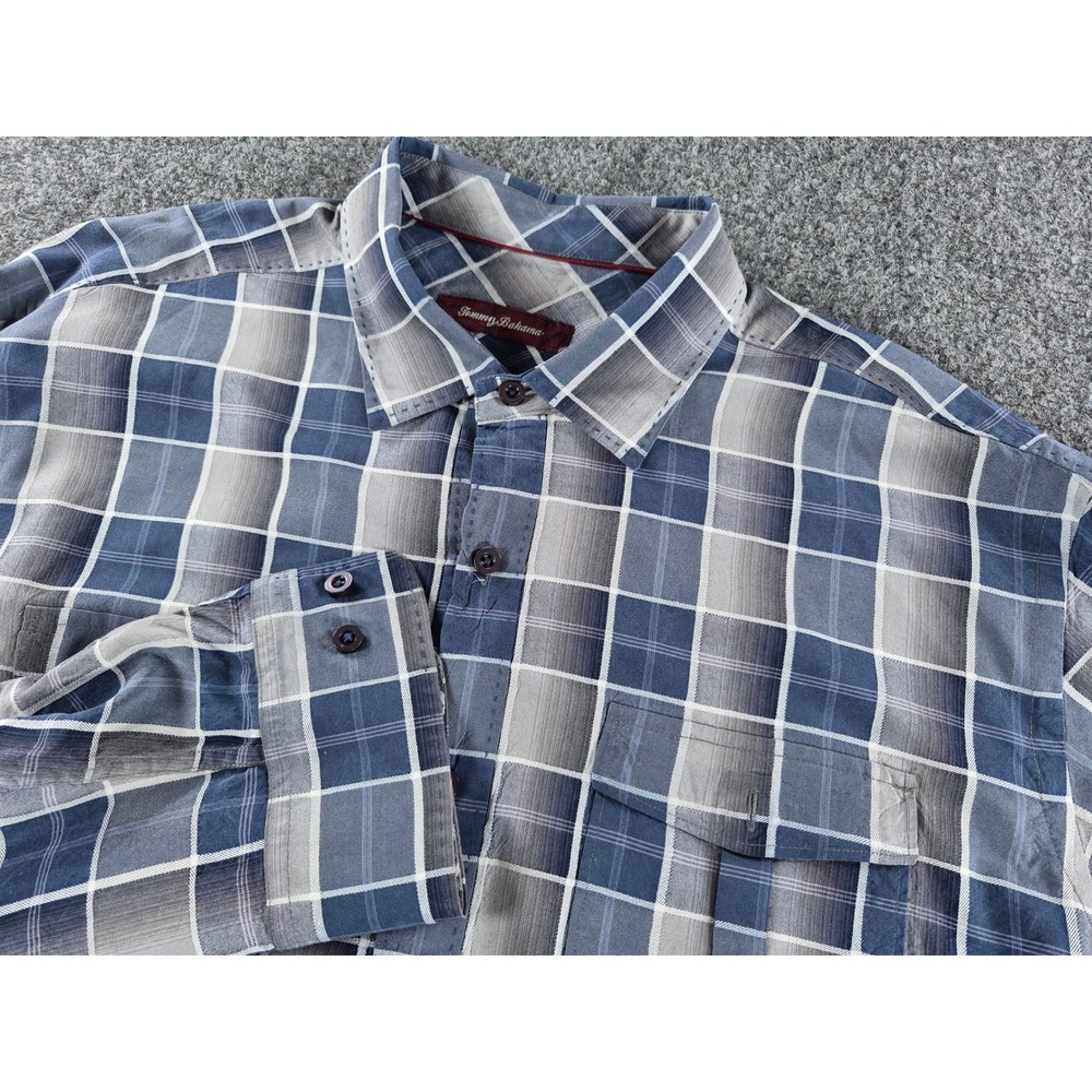 Tommy Bahama Mens XL Silk Plaid Button Down Shirt Blue Grey Long Sleeve T34480